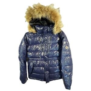 Authentic Moncler Navy Blue Glossy Puffer Down • Real Fur Hood Sz 3 Vintage